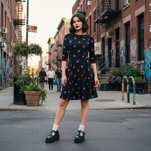 Unique Vintage Black Bow Print Dress | Size L | Retro Pinup Style
